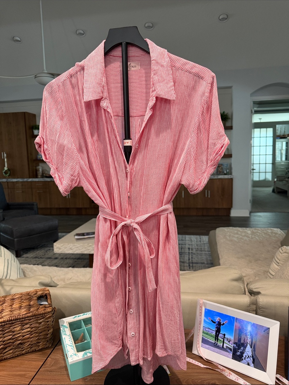 Lightweight Pink/red Striped Shirt Dress with Tie Waist. Brand Sundays  size med